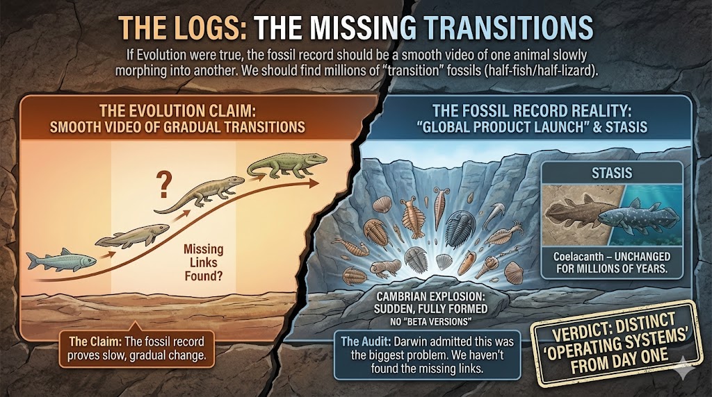 Abstract illustration representing the fossil record and missing transitions, from The Origin Code, File 010, The Quantum Papers